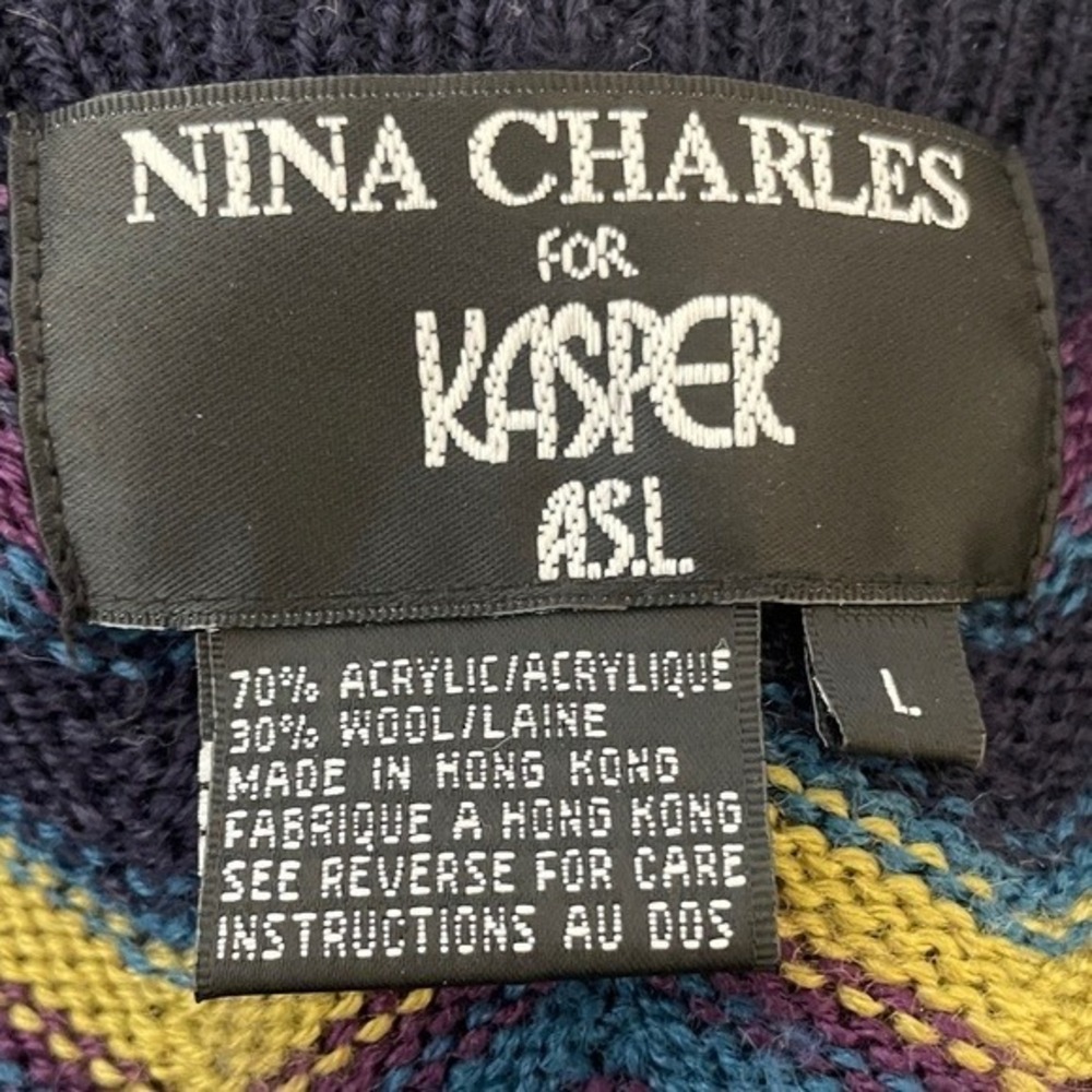 Nina Charles Kasper ASL Vintage Chevron Zigzag Cardigan Sweater Navy Blue Large - Picture 2 of 8